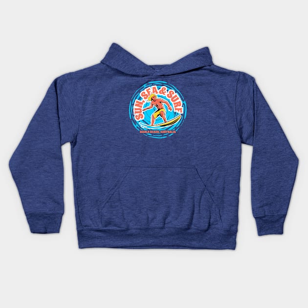 Vintage Sun, Sea & Surf Manly Beach, Australia // Retro Surfing // Surfer Catching Waves Kids Hoodie by Now Boarding